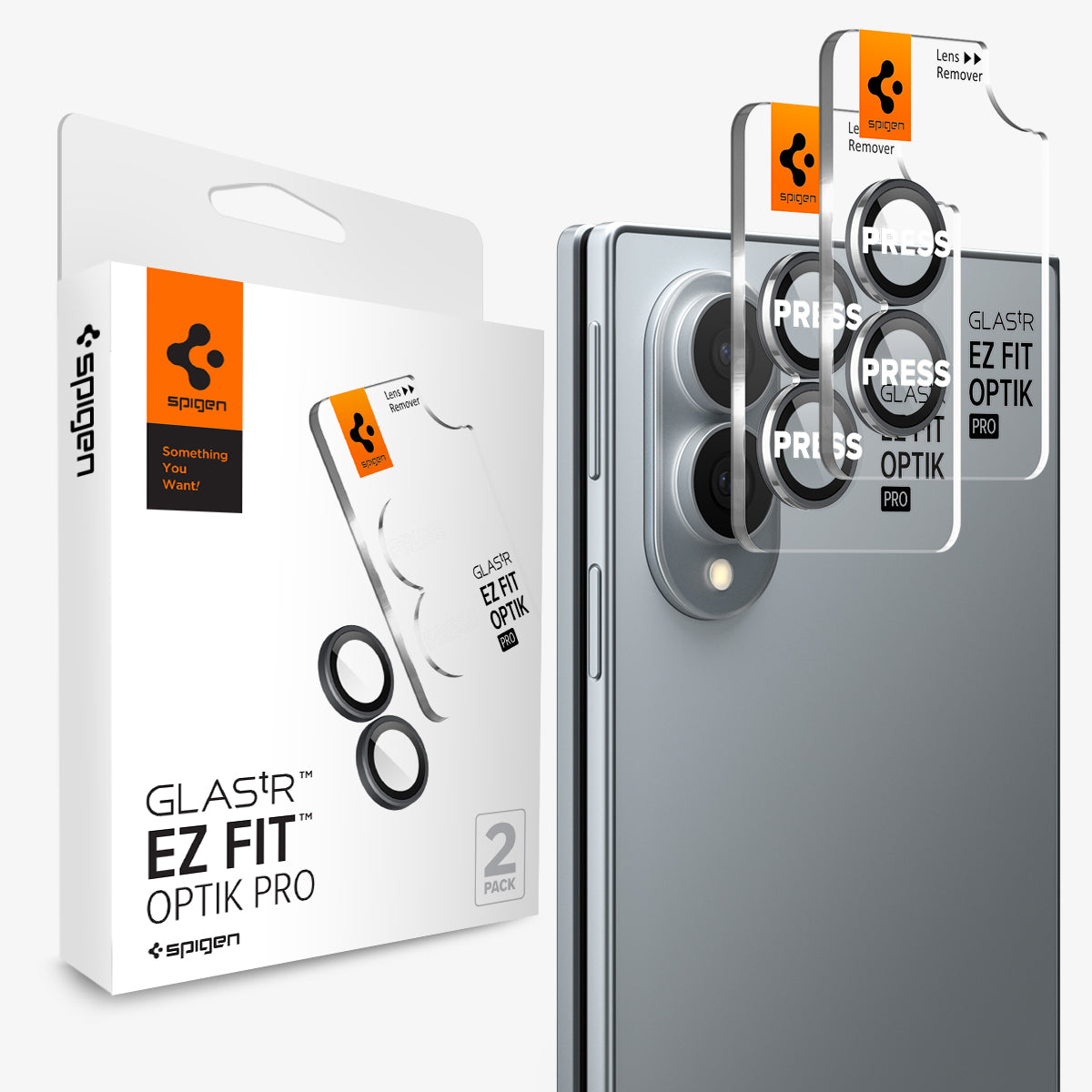 AGL11761 - Galaxy Z Fold 8 Optik Pro EZ Fit showing the GLAS.tR EZ Fit Optik Pro 2-pack retail box alongside the dual camera lens protectors and the Galaxy Z Fold 8 in Silver, with "PRESS" markings over each lens.