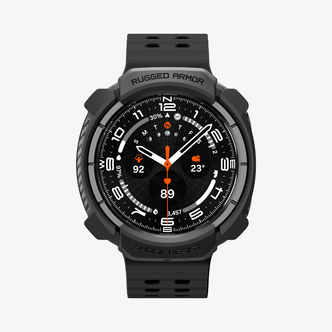ACS11611 - Galaxy Watch Ultra 2 (47mm) in Matte Black showing front view of a smartwatch with a rugged protective case and textured watch band.