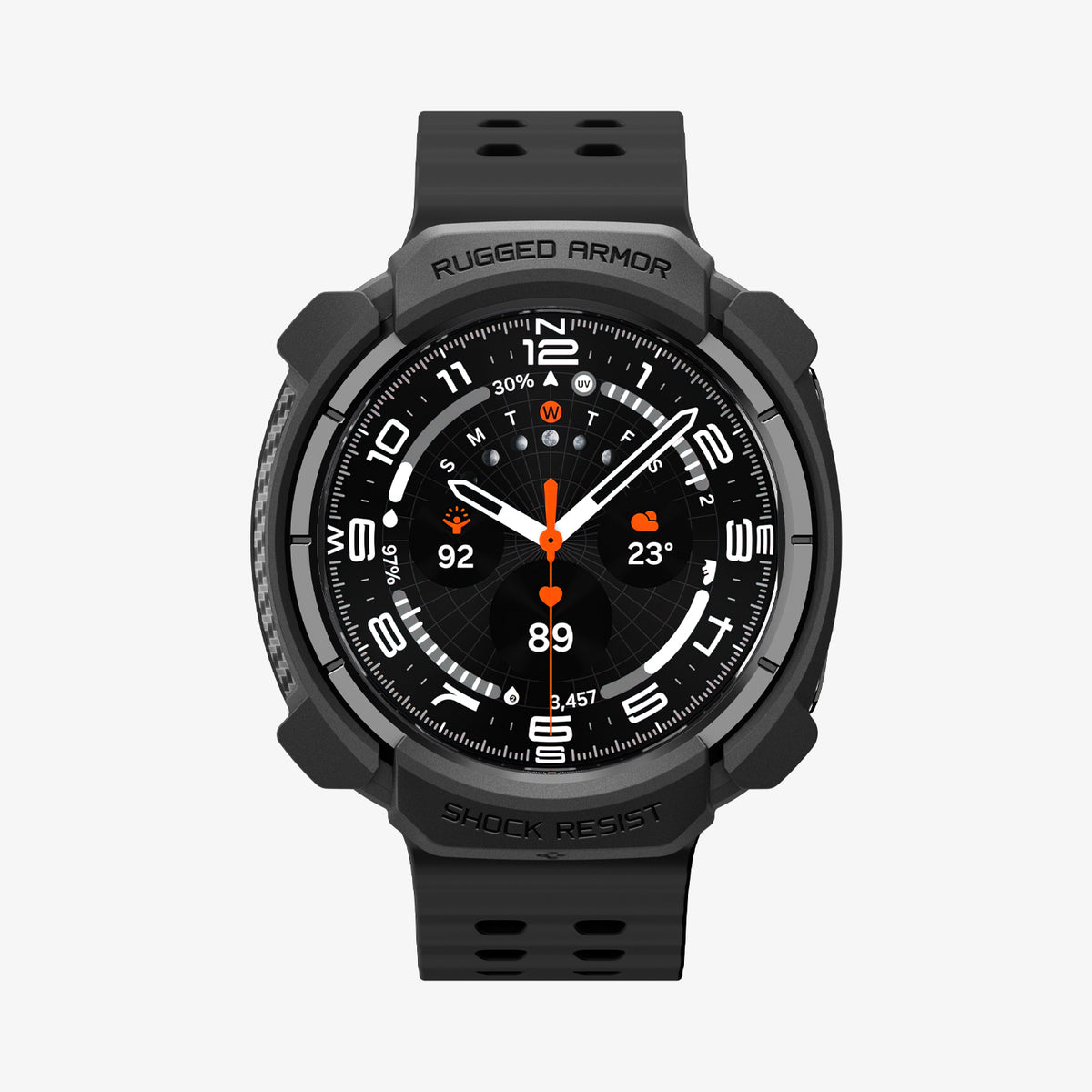 ACS11611 - Galaxy Watch Ultra 2 (47mm) in Matte Black showing front view of a smartwatch with a rugged protective case and textured watch band.