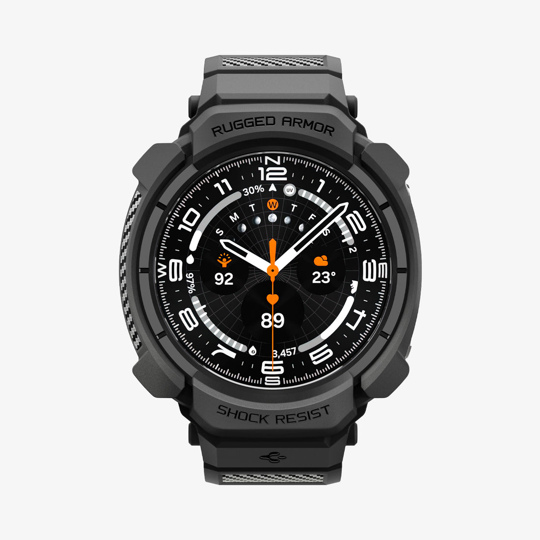 ACS11612 - Galaxy Watch Ultra Series - Rugged Armor Pro  showing the Galaxy Watch Ultra with the Rugged Armor Pro case in Gray, front view on white background with "Rugged Armor" and "Shock Resist" text on the bumper.