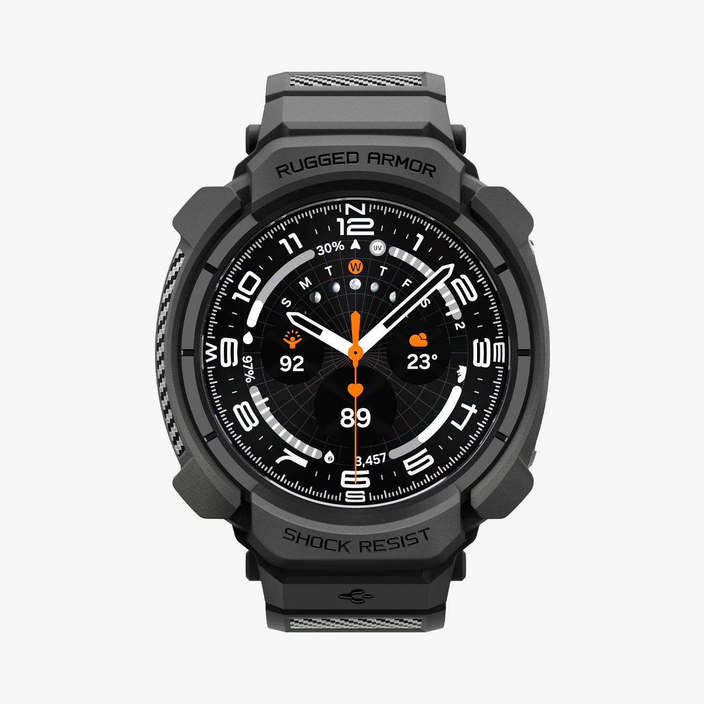 ACS11612 - Galaxy Watch Ultra Series - Rugged Armor Pro  showing the Galaxy Watch Ultra with the Rugged Armor Pro case in Gray, front view on white background with "Rugged Armor" and "Shock Resist" text on the bumper.