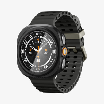 ACS11609 - Galaxy Watch Ultra Series Thin Fit 360 showing the case's front angled view with buttons and olive-buckle band on the watch