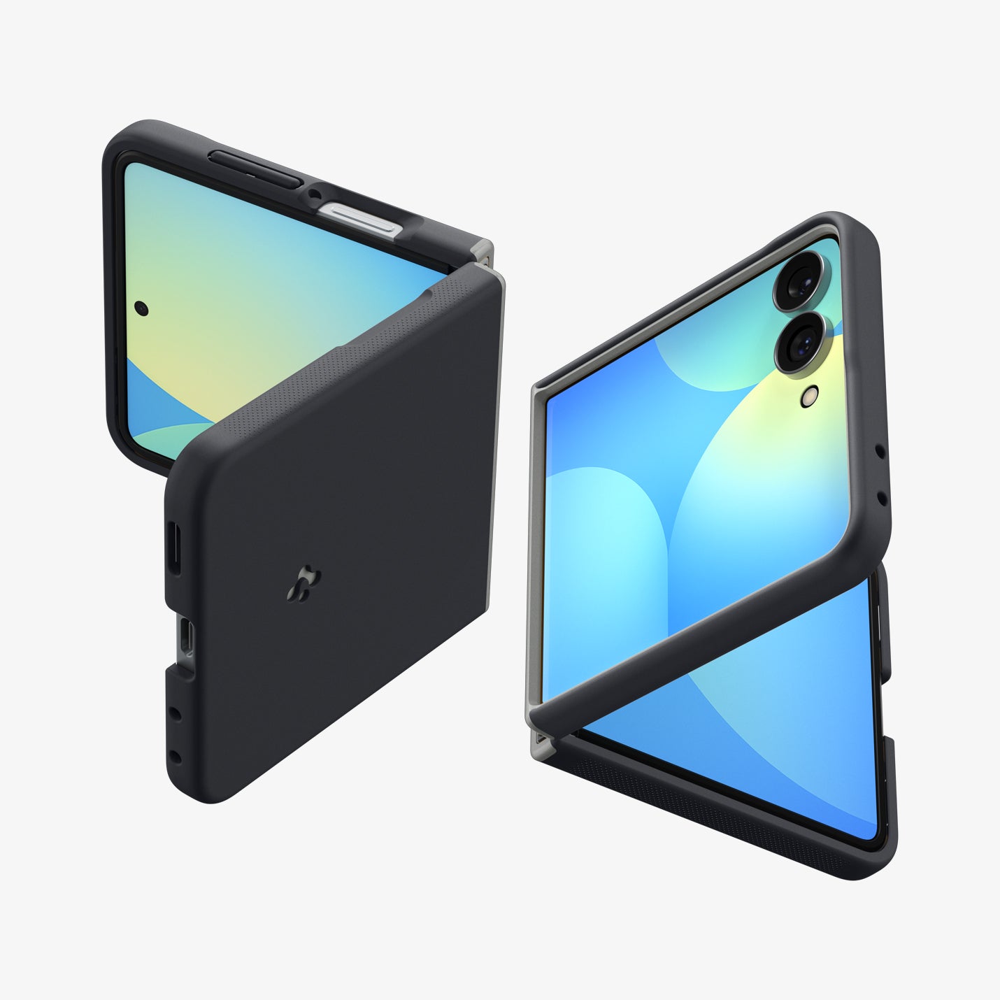ACS11518 - Galaxy Z Flip 8 Nano Pop (Mag Fit) Black Sesame showing two angled views of the Galaxy Z Flip 8 with the NanoPop MagFit case, opened and closed, highlighting the gray trim along the edges and the Spigen logo.