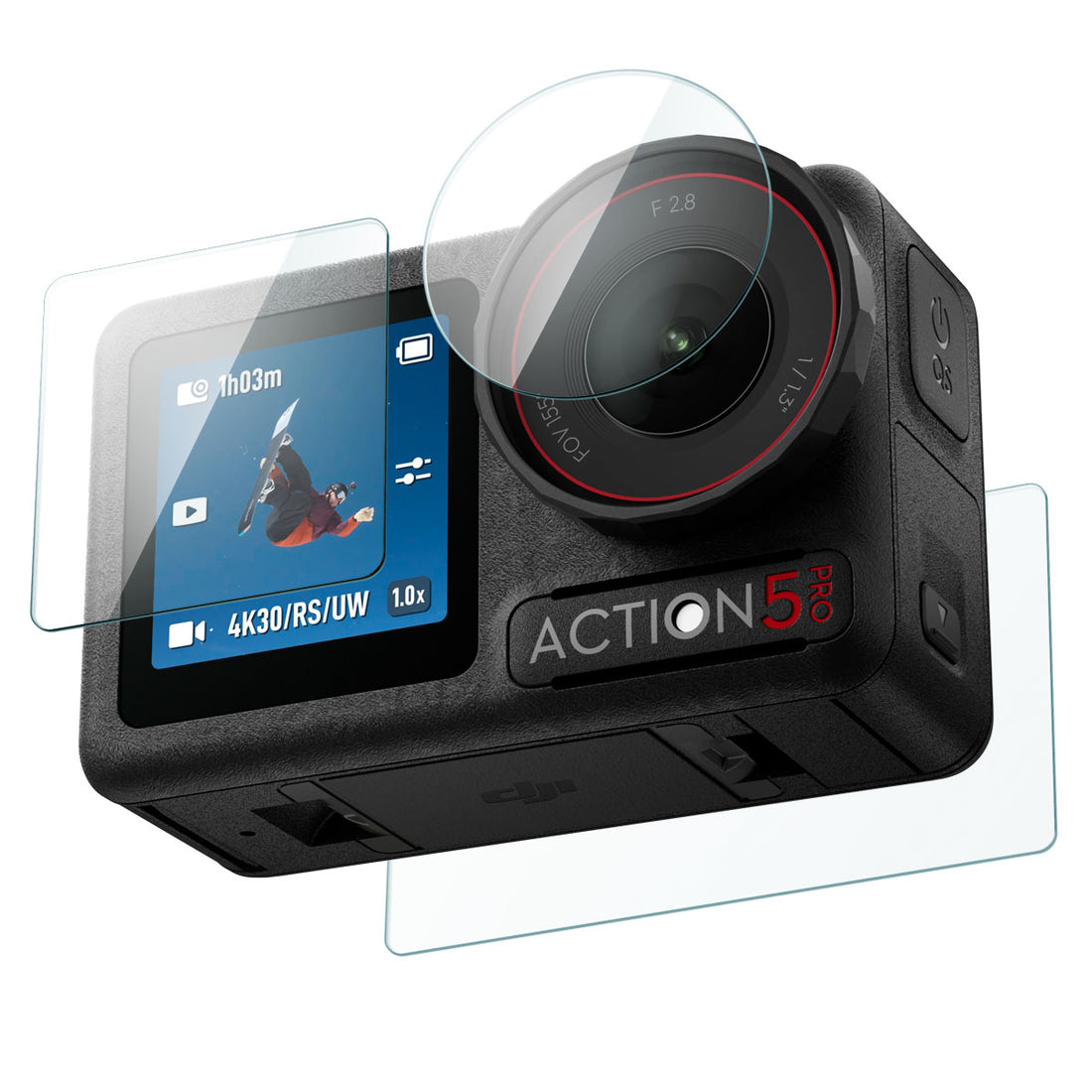 AGL09234 - DJI Osmo Action 5 Glas.tR SLIM in Clear showing the lens screen, front screen and back screen protector hovering in front of the device