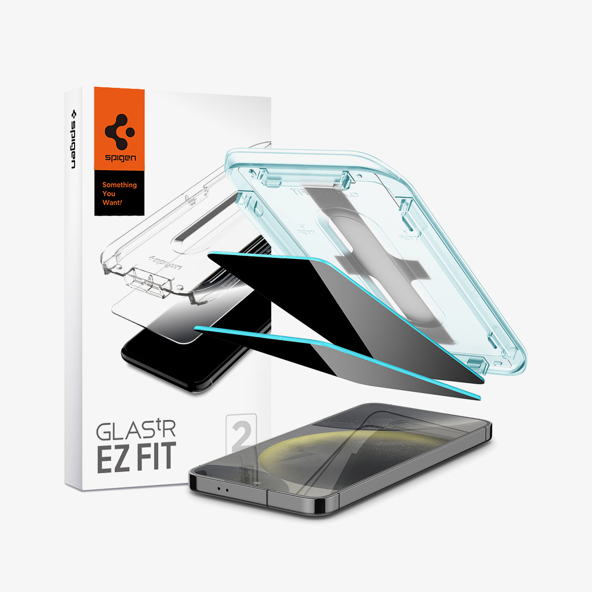 AGL07626 - Galaxy S24 Plus GLAS.tR EZ Fit in Privacy showing the alignment tray partially hovering above the 2 screen protectors and the device behind it, is the packaging