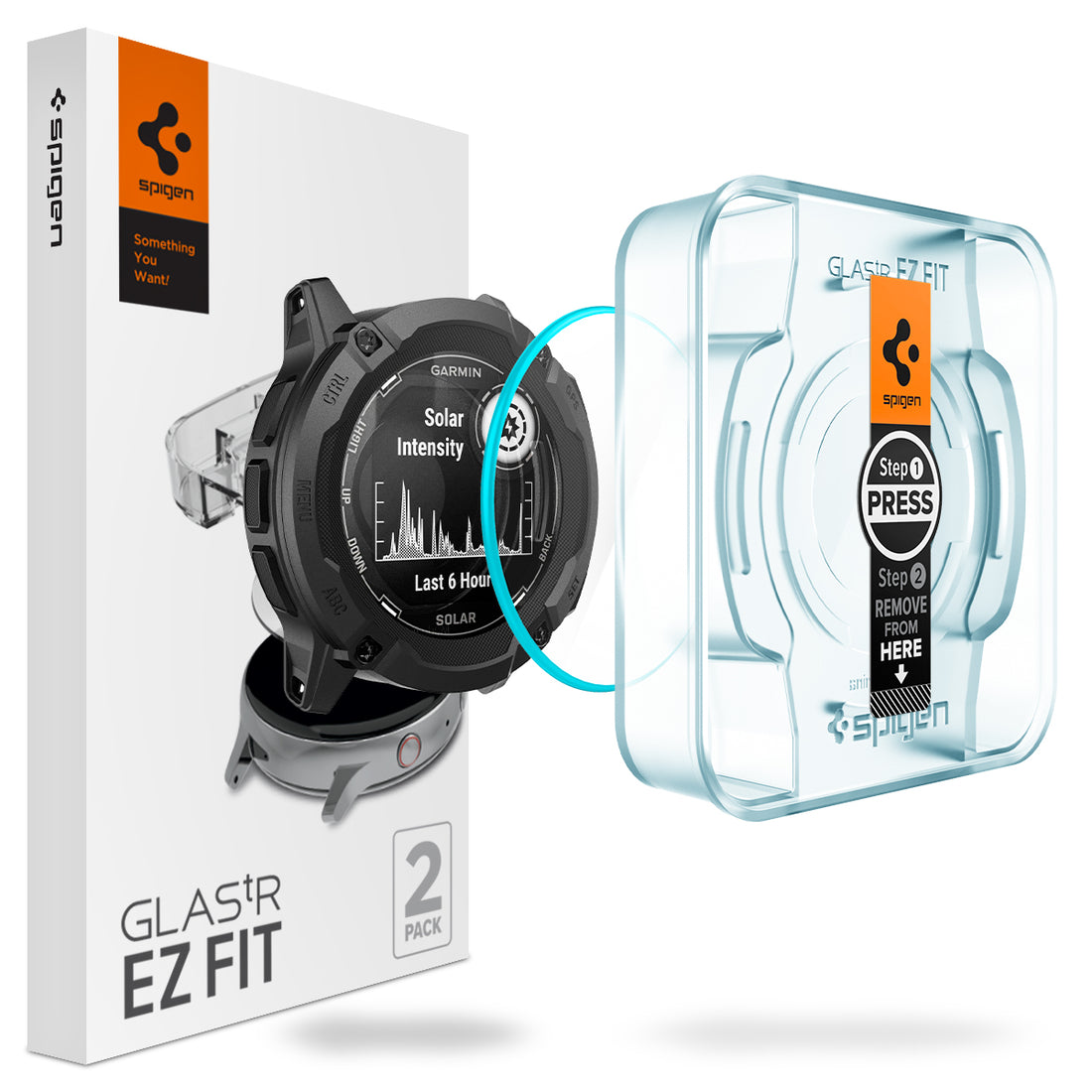 AGL09345 - Instinct 2X Solar Transparency showing the device, screen protector, ez fit tray and packaging
