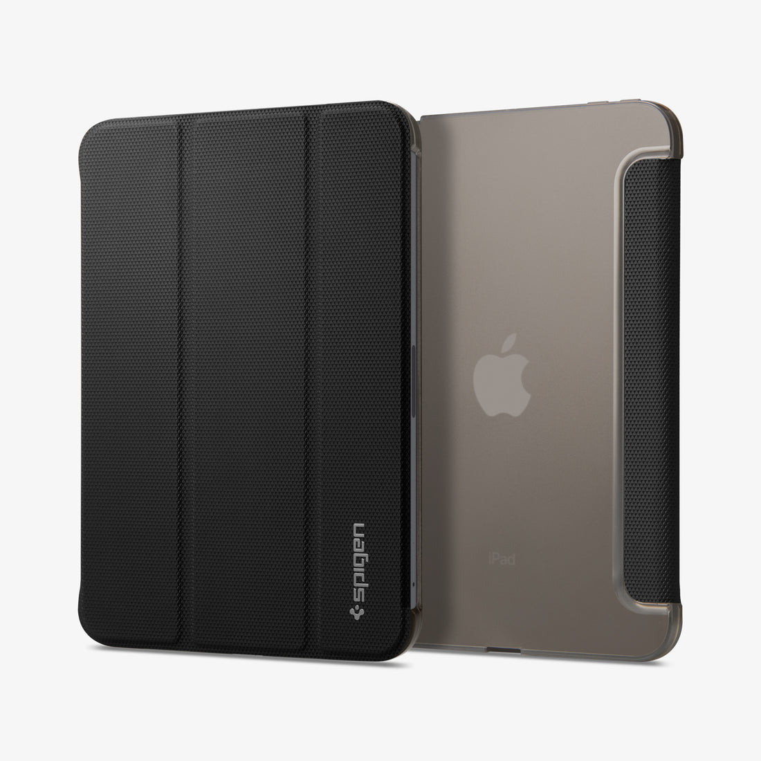 ACS03762 - iPad Mini 7 Liquid Air Folio showing the front cover with textured pattern and the transparent back shell with Apple logo visible