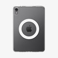 ACS11623 - Back of the clear white Spigen case for iPad Mini showing a built-in magnetic ring around the Apple logo for MagSafe compatibility