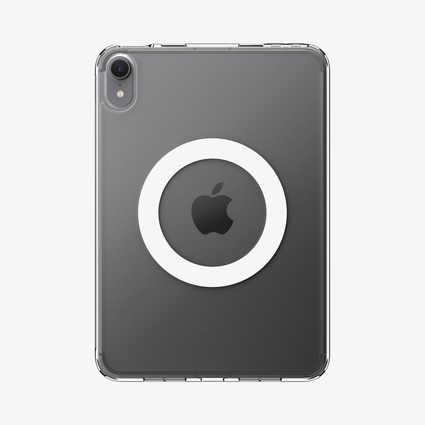 ACS11623 - Back of the clear white Spigen case for iPad Mini showing a built-in magnetic ring around the Apple logo for MagSafe compatibility