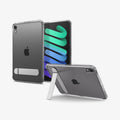 ACS11625 - iPad Mini's front display and the Spigen case's back with kickstand extended, shown together at different angles