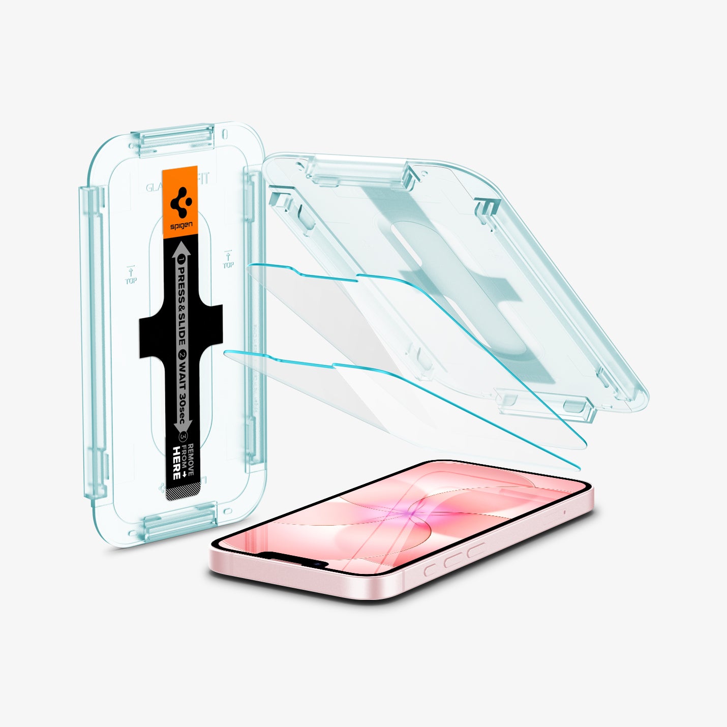 AGL03385 - iPhone 17e Series - GLAS.tR EZ Fit showing the ez fit alignment tray, two screen protectors and iPhone