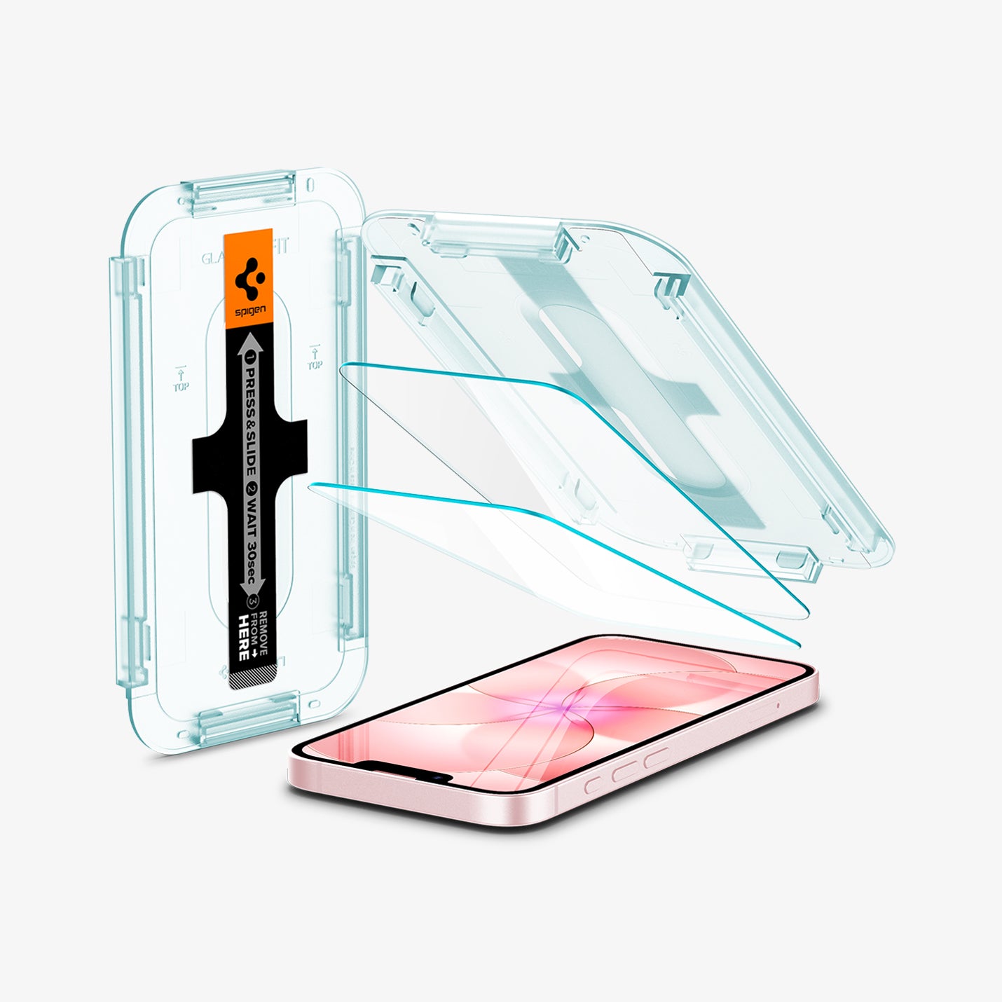 AGL03386 - iPhone 17e Series - EZ Fit GLAS.tR | Sensor Protected showing the ez fit alignment tray, two screen protectors and iPhone