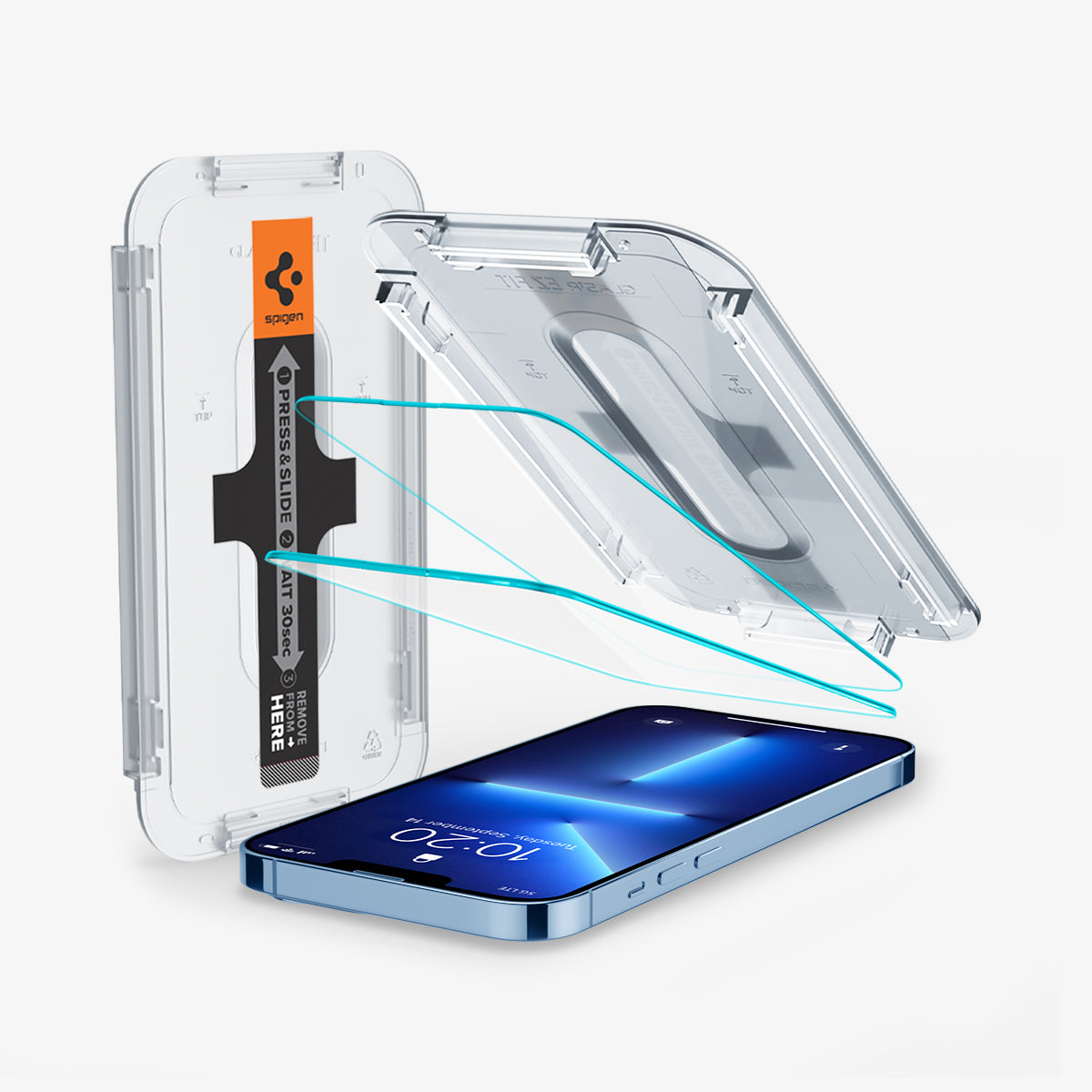 AGL03376 - iPhone 16e Screen Protector EZ FIT GLAS.tR (Sensor Protection) showing the device, two screen protectors, and ez fit tray