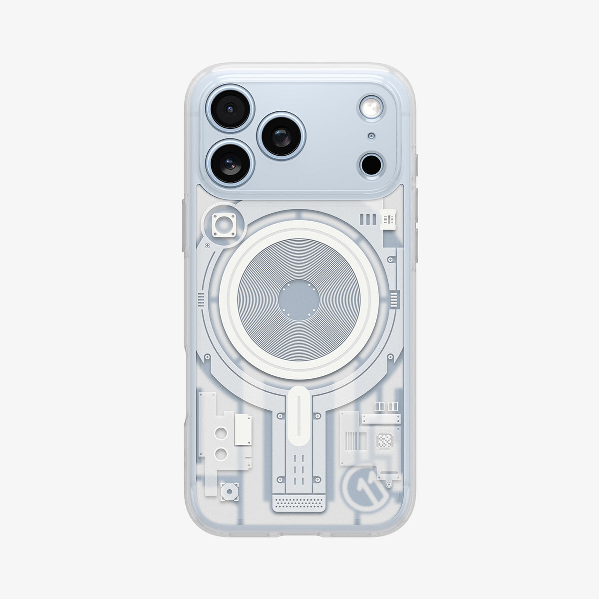 ACS12307 - Straight-on back view of a blue iPhone Pro in the clear Spigen c11 Element MagFit case with the MagSafe ring print