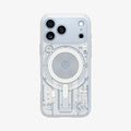 ACS12308 - Straight-on back view of a blue iPhone Pro in the clear Spigen c11 Element MagFit case with the MagSafe ring print
