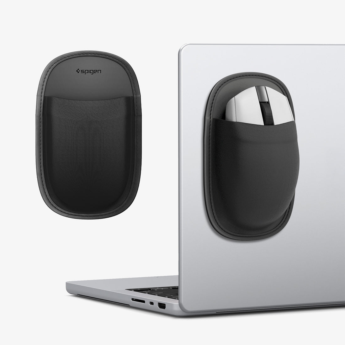 APP11227 - Laptop/Tablet Mouse Holder | LD220 in Black showing a slim adhesive sleeve mounted on a laptop, securely holding a wireless mouse for convenient storage.