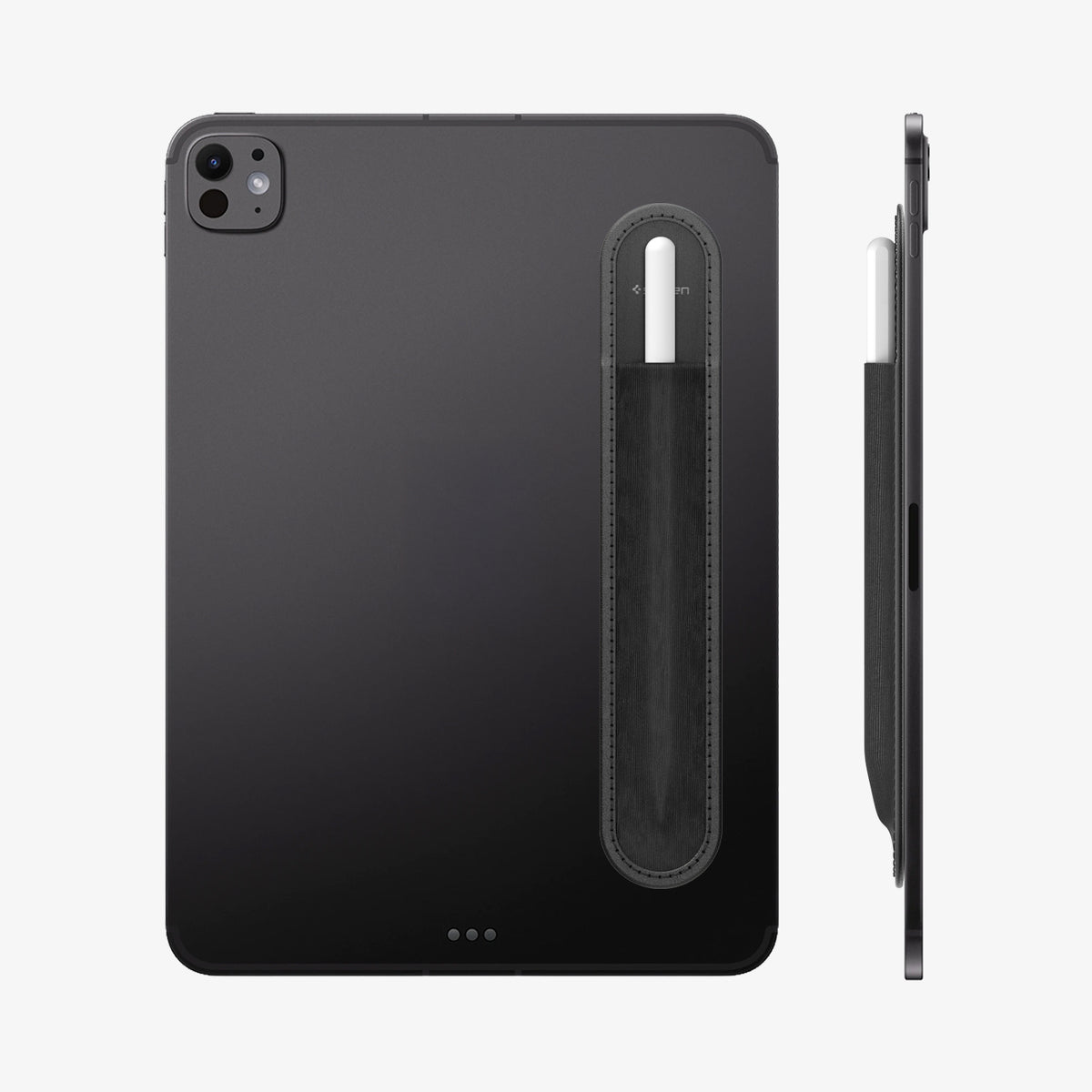 APP12219 - Apple Pencil Holder | LD222 Black showing a pencil holder attached to the back of a tablet with a stylus secured inside