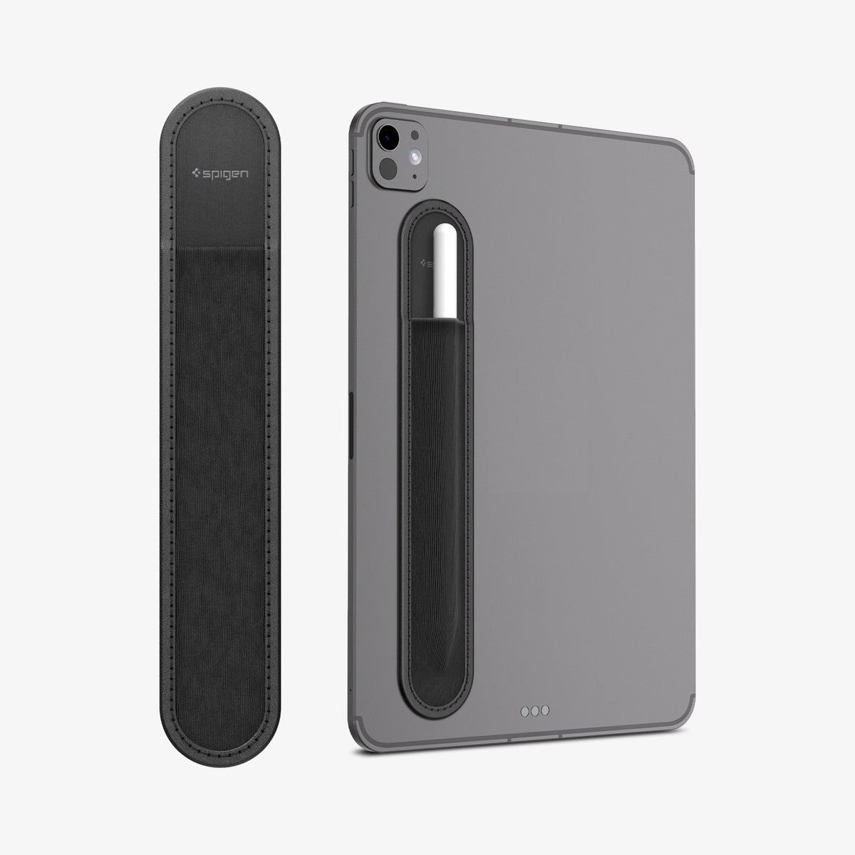 APP12219 - Apple Pencil Holder | LD222 Black showing a pencil holder beside a tablet and attached to the back with a stylus secured inside