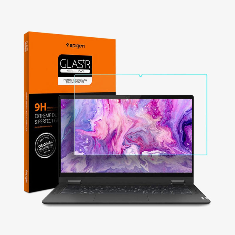 AGL01868 - Lenovo IdeaPad Flex 5 Screen Protector GLAS.tR SLIM showing the device, screen protector and packaging