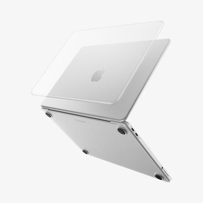 ACS11543 - MacBook Neo 13-inch Air Skin in Frost Clear showing the top shell of the Frost Clear case lifting away from the MacBook to illustrate the two-piece snap-on design