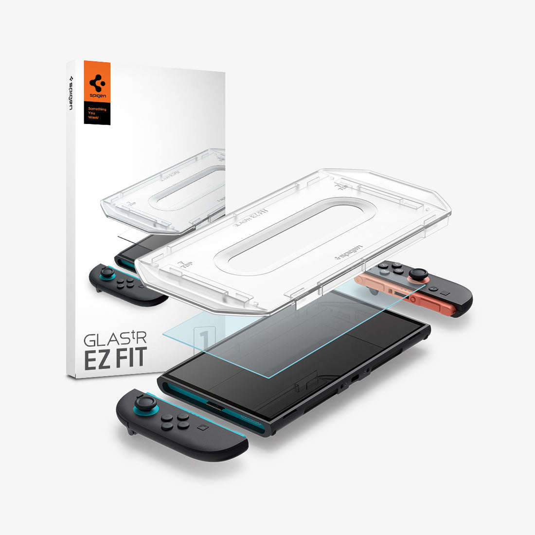 AGL09111 - Nintendo Switch 2 GLAS.tR EZ Fit in Clear showing the installation tray hovering above the film strip, screen protector and the device with the packaging on the side