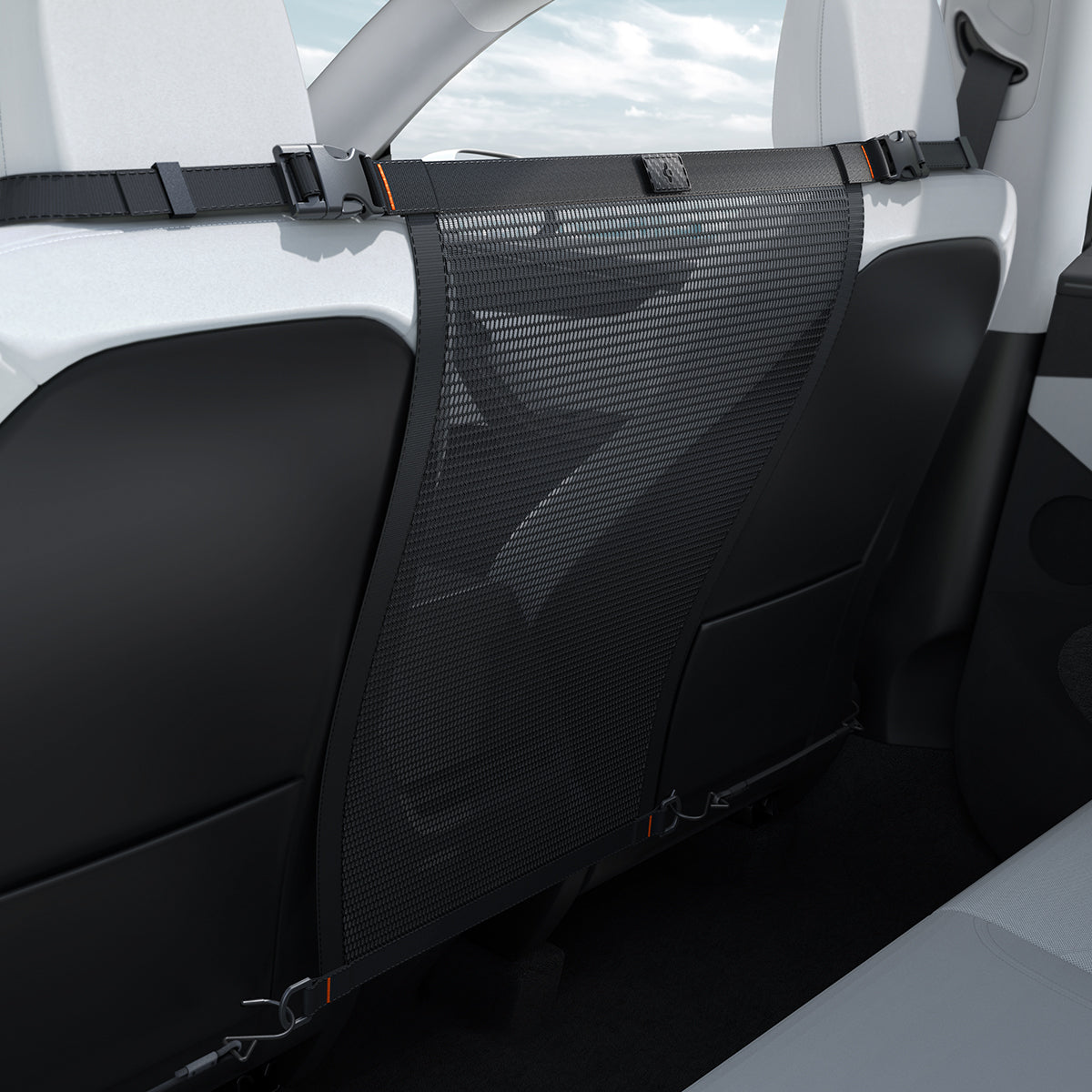 ACP11156 - Spigen Car Seat Pet Barrier installed between front seats showing full mesh coverage and secure strap mounting