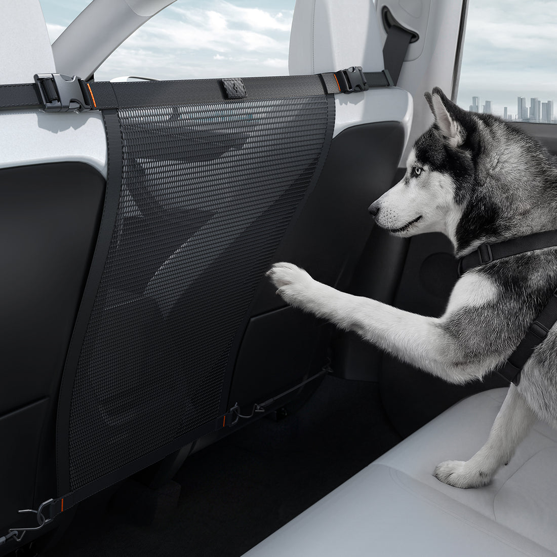 ACP11156 - Spigen Car Seat Pet Barrier blocking dog access to front seats with reinforced mesh and adjustable straps