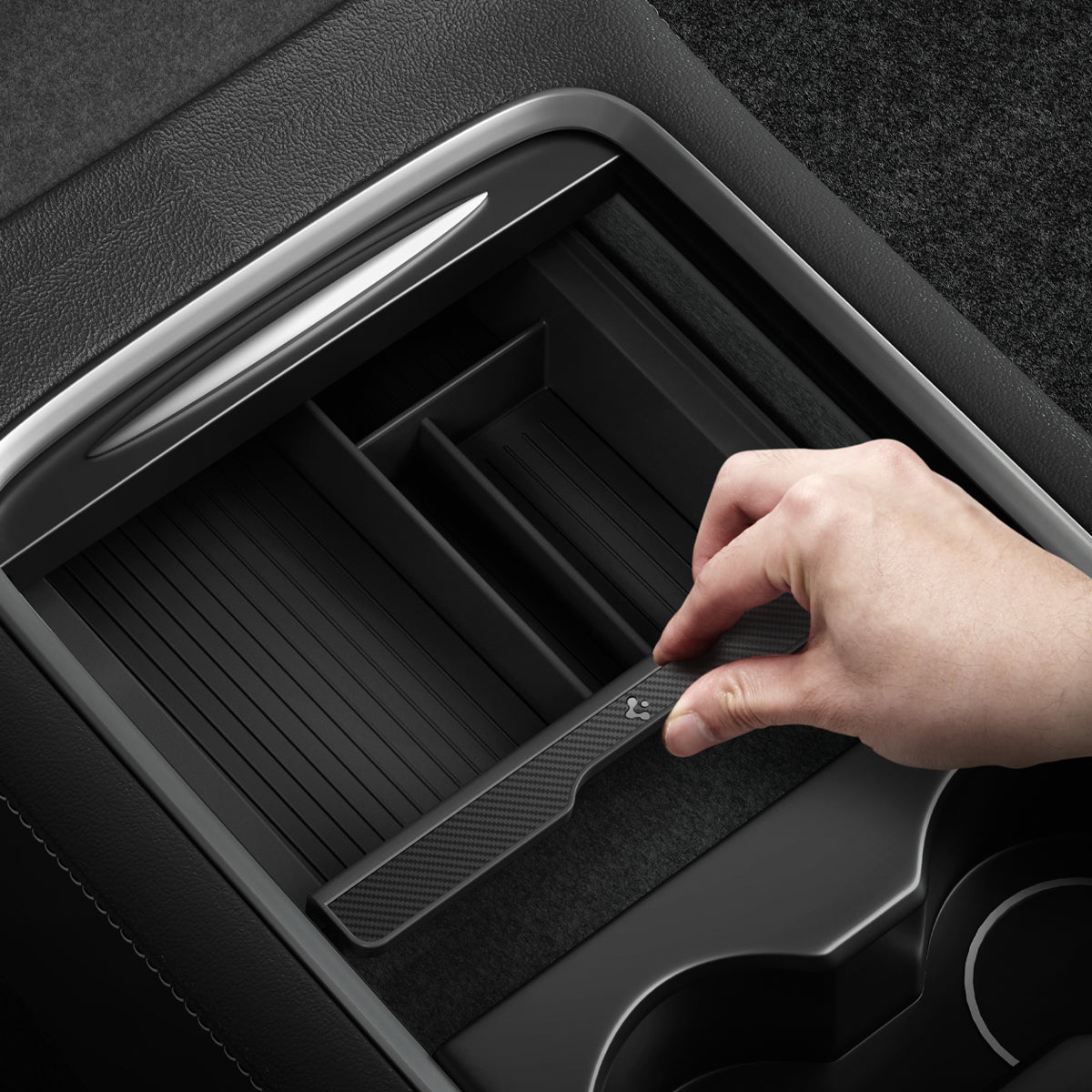 ACP04508 - Tesla Model y & 3 Center Console Organizer Tray in black showing a hand installing it inside the car