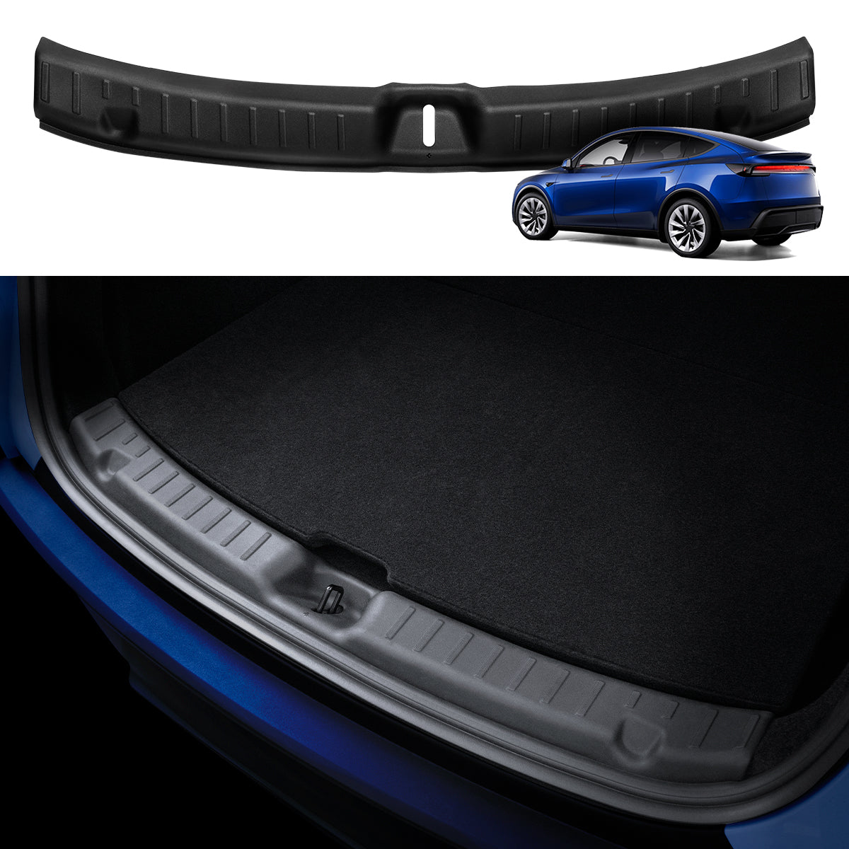 ACP09759 - Tesla Model Y Juniper Trunk Sill Guard | TG100-YJ in black showing a durable, textured protective trim installed along the rear trunk edge to prevent scratches and scuffs during loading and unloading.