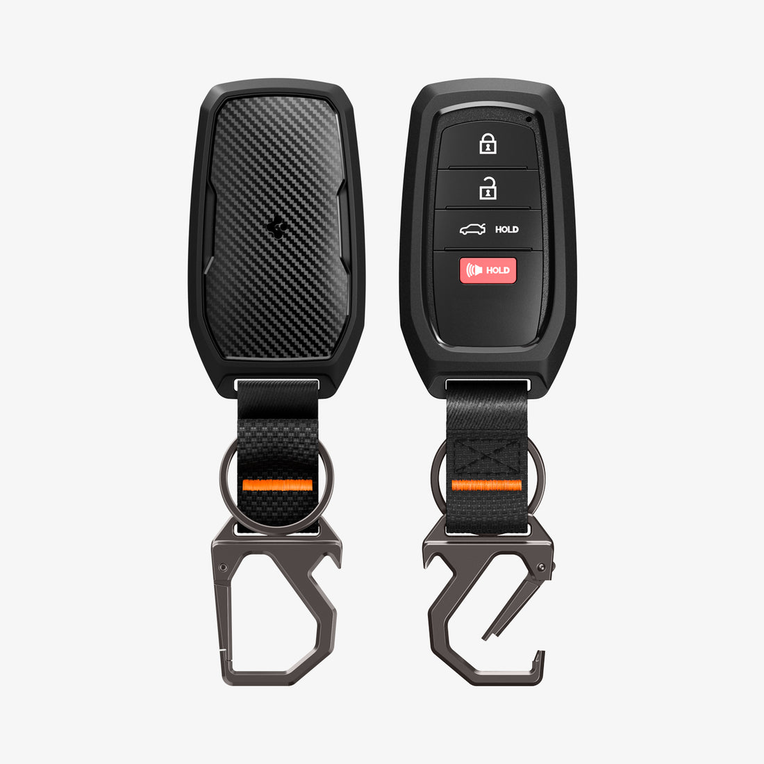 ACS11366 - Toyota Key Fob Cover | TK100 showing key fob cover front and back view with carbon fiber panel and carabiner keychain