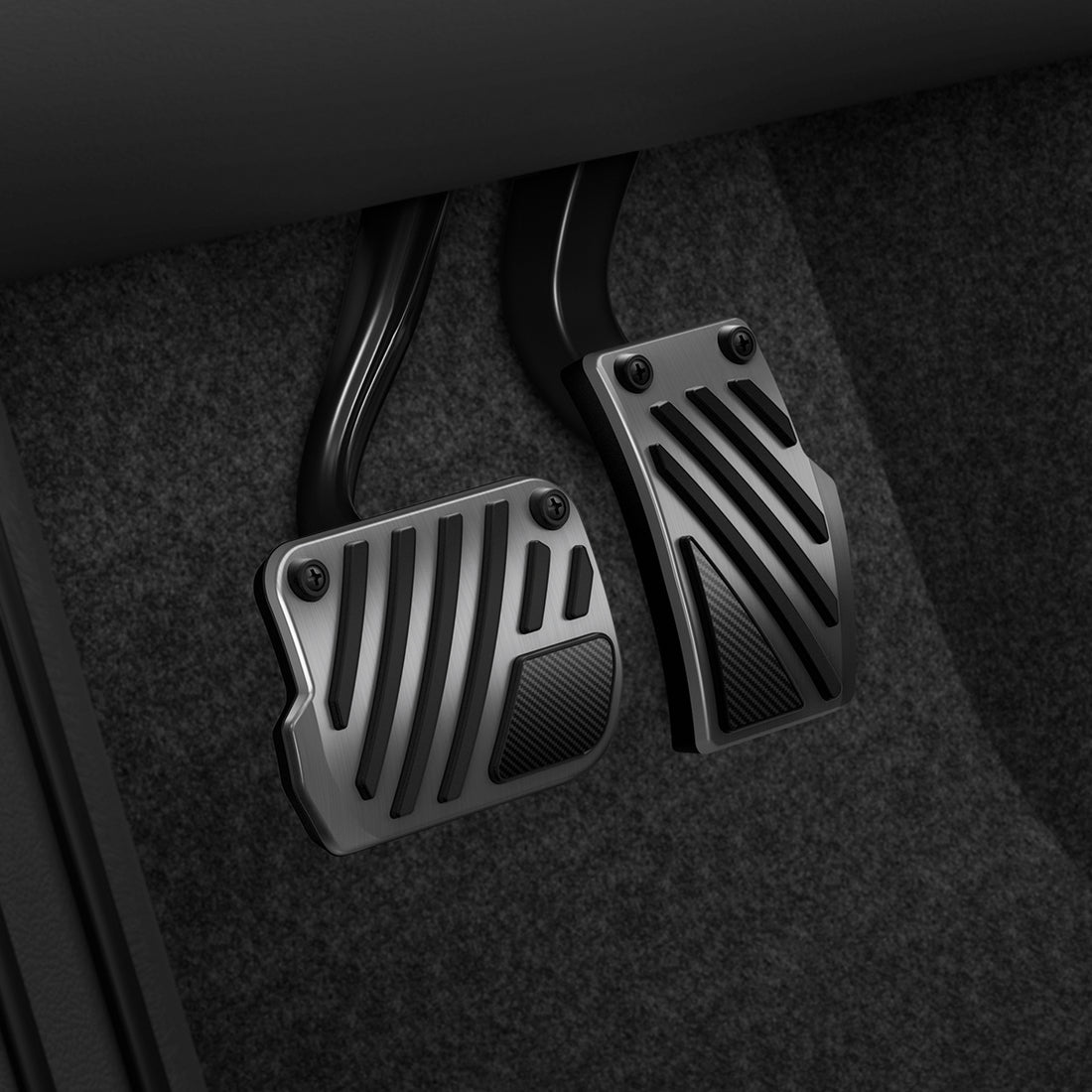 ACP11627 - Tesla Series - Pedal Covers Performance Line Design | TO200P showing Tesla Model 3 and Model Y Performance Line pedal covers with brushed metal finish and carbon fiber accents