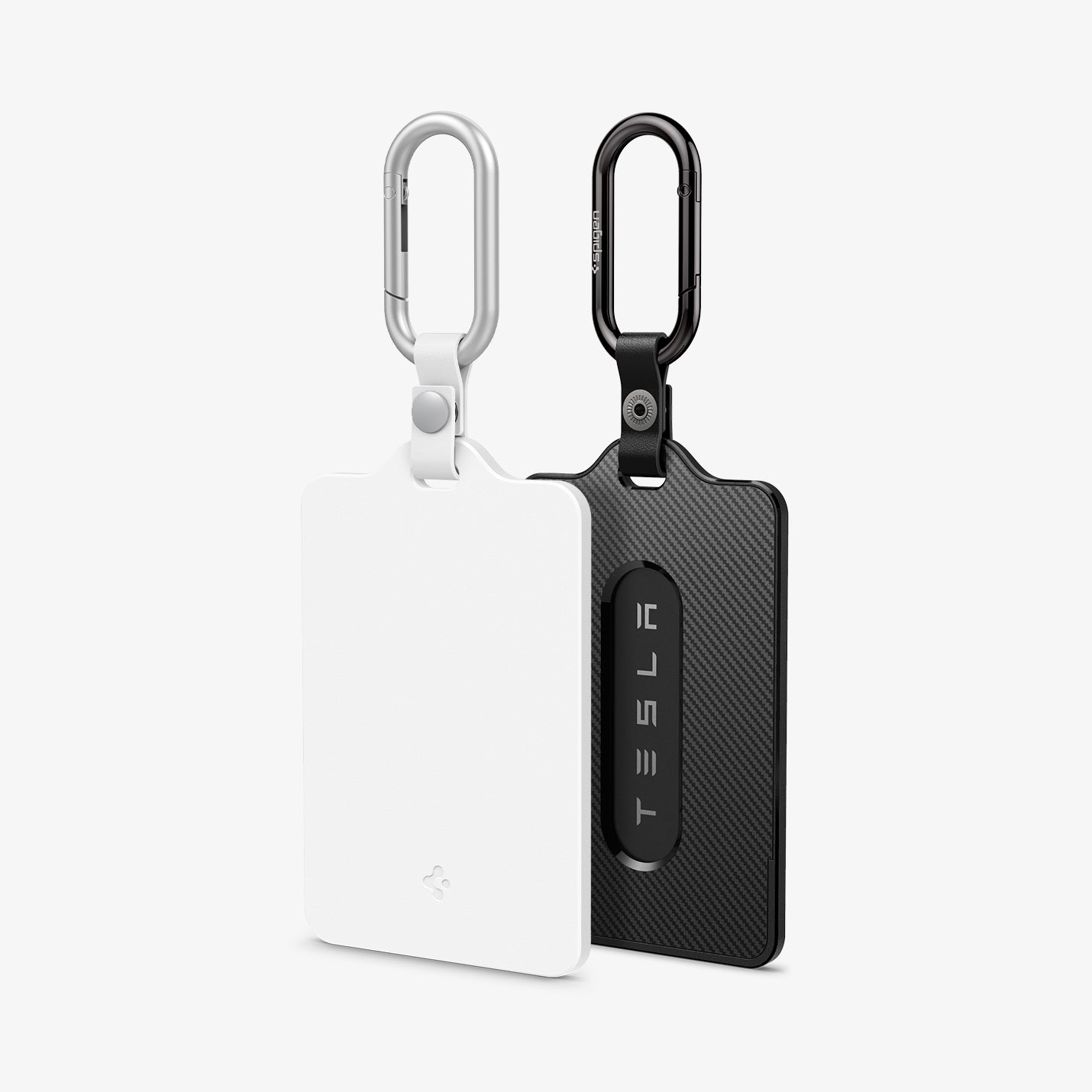 ACP11405 - Tesla Key Card Holder | TO243 2 Pack in Black & White showing the back and front with carabiner