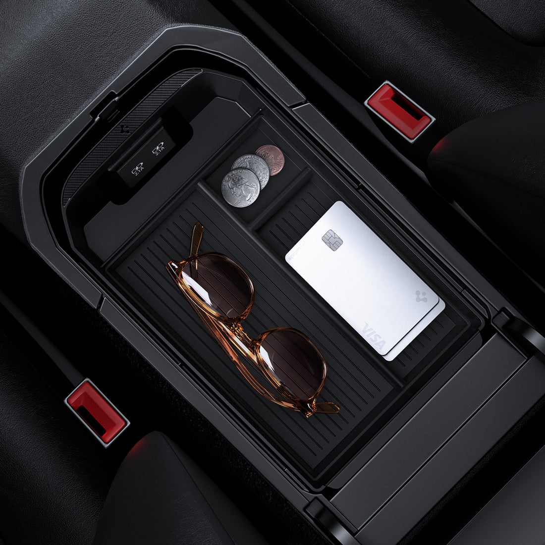 ACP08895 - Toyota Armrest Console Organizer TYO220 in Black showing the top with multiple items inside the organizer