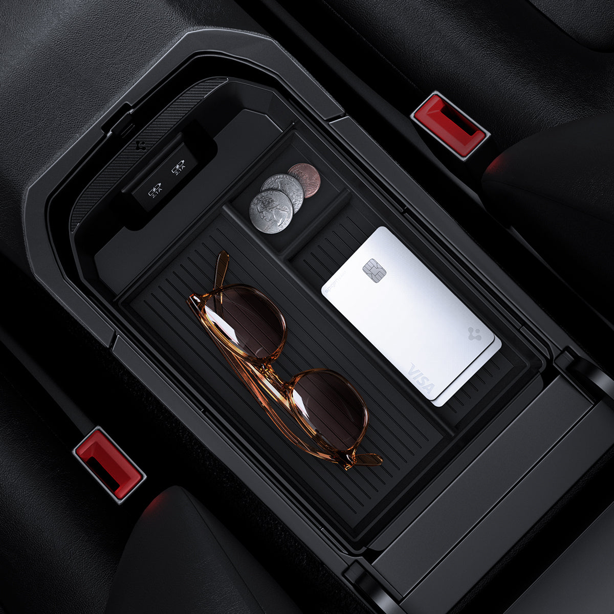 ACP08895 - Toyota Armrest Console Organizer TYO220 in Black showing the top with multiple items inside the organizer