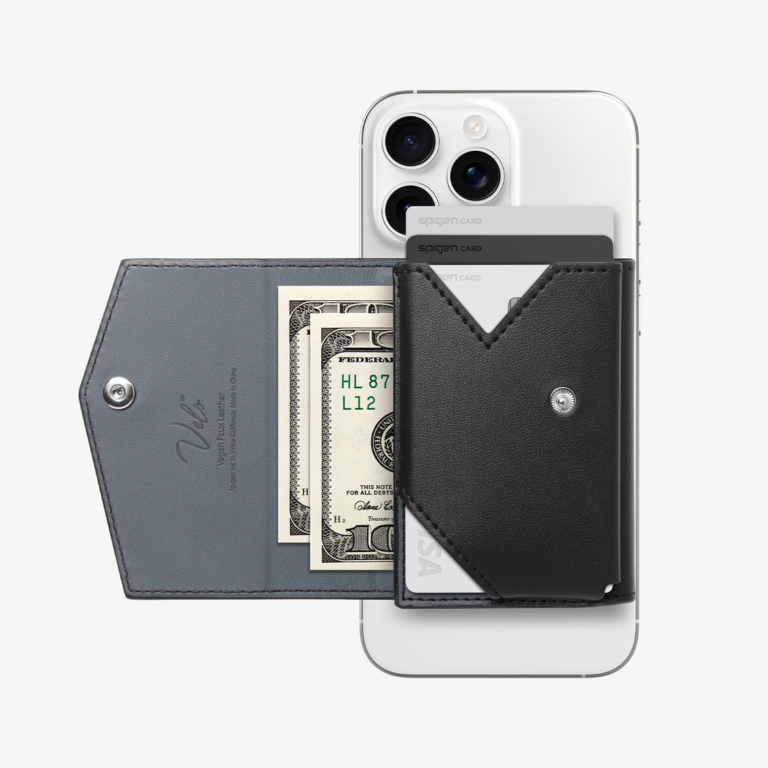 AFA09442 - MagSafe Card Holder Valentinus Pro | 3 Cards in Black showing the partial inner of the wallet attached to the back of the device
