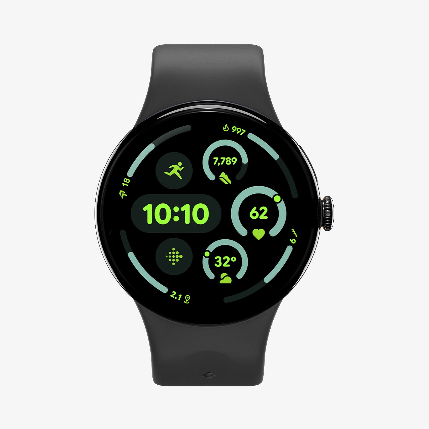 AMP09486 - Pixel Watch 5 (41mm) Nano Pop Black Sesame front view showcasing the smooth silicone watch band with a clean and streamlined design.