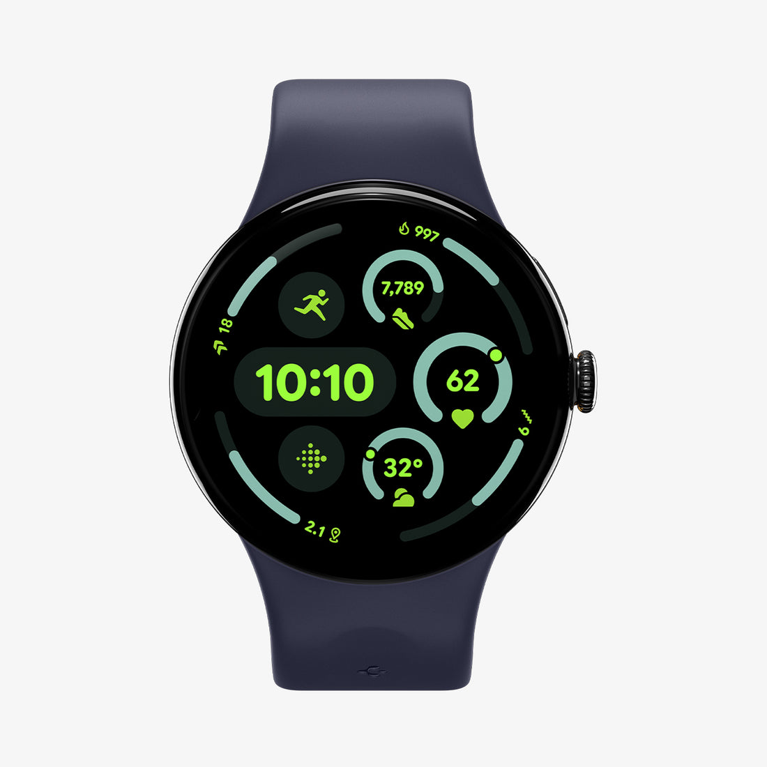 AMP09490 - Pixel Watch 5 (45mm) Nano Pop Blueberry Navy front view showcasing the smooth silicone watch band with a clean and streamlined design.