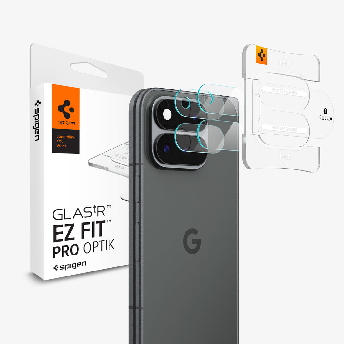 AGL11491 - Pixel 11 Pro Fold Optik EZ Fit Lens Protector lens protector set with alignment tray positioned over the rear camera lenses.