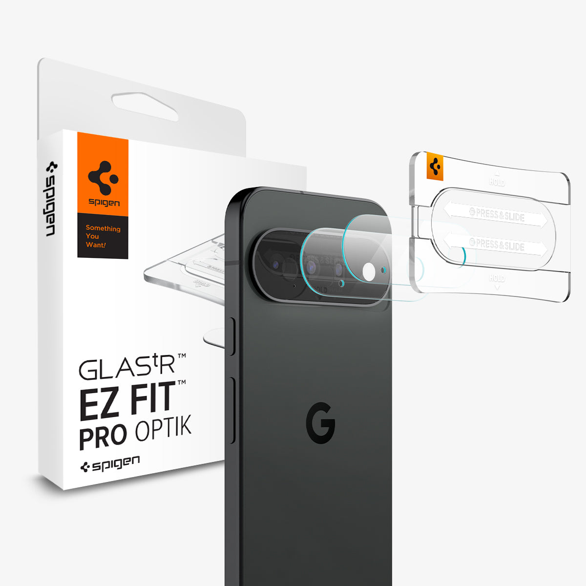 AGL11479 - Pixel 11 Optik EZ Fit Lens Protector lens protector set with alignment tray positioned over the rear camera lenses.
