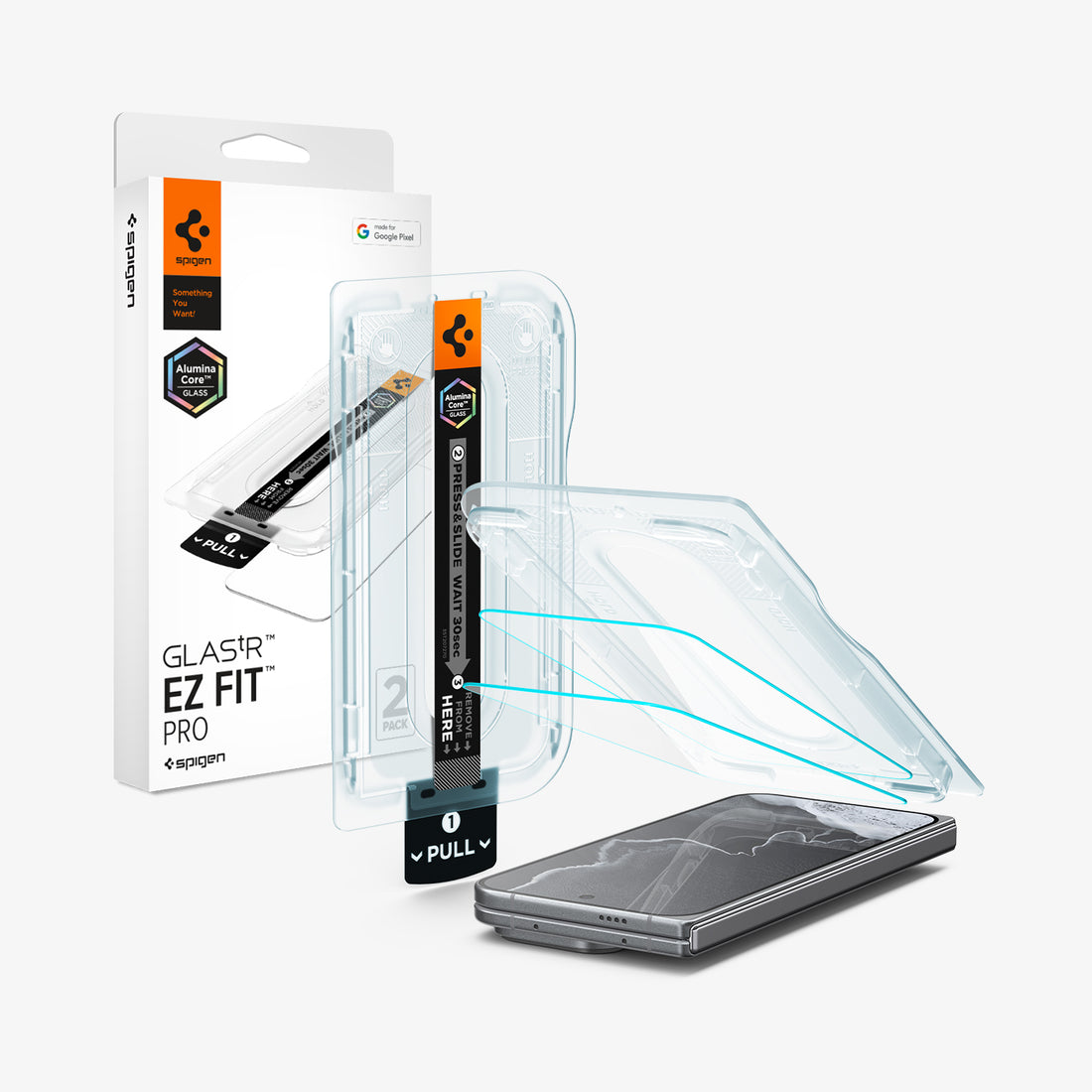 AGL11490 - Pixel 11 Pro Fold GLAS.tR EZ Fit Pro front view of the packaging, installation tray, screen protector, and phone with the installation tray separated to show the easy alignment system.