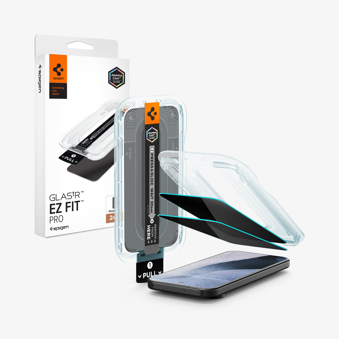 AGL11486 - Pixel 11 Pro XL GLAS.tR EZ Fit | Privacy front and angled views of the EZ Fit installation tray, privacy tempered glass protectors, and packaging.