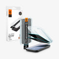 AGL11486 - Pixel 11 Pro XL GLAS.tR EZ Fit | Privacy front and angled views of the EZ Fit installation tray, privacy tempered glass protectors, and packaging.