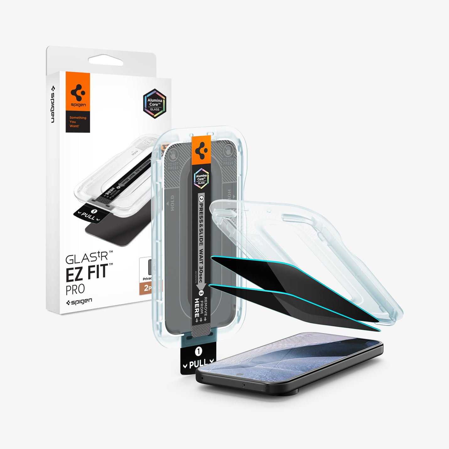 AGL11546 - Pixel 11 GLAS.tR EZ Fit | Privacy front and angled views of the EZ Fit installation tray, privacy tempered glass protectors, and packaging.