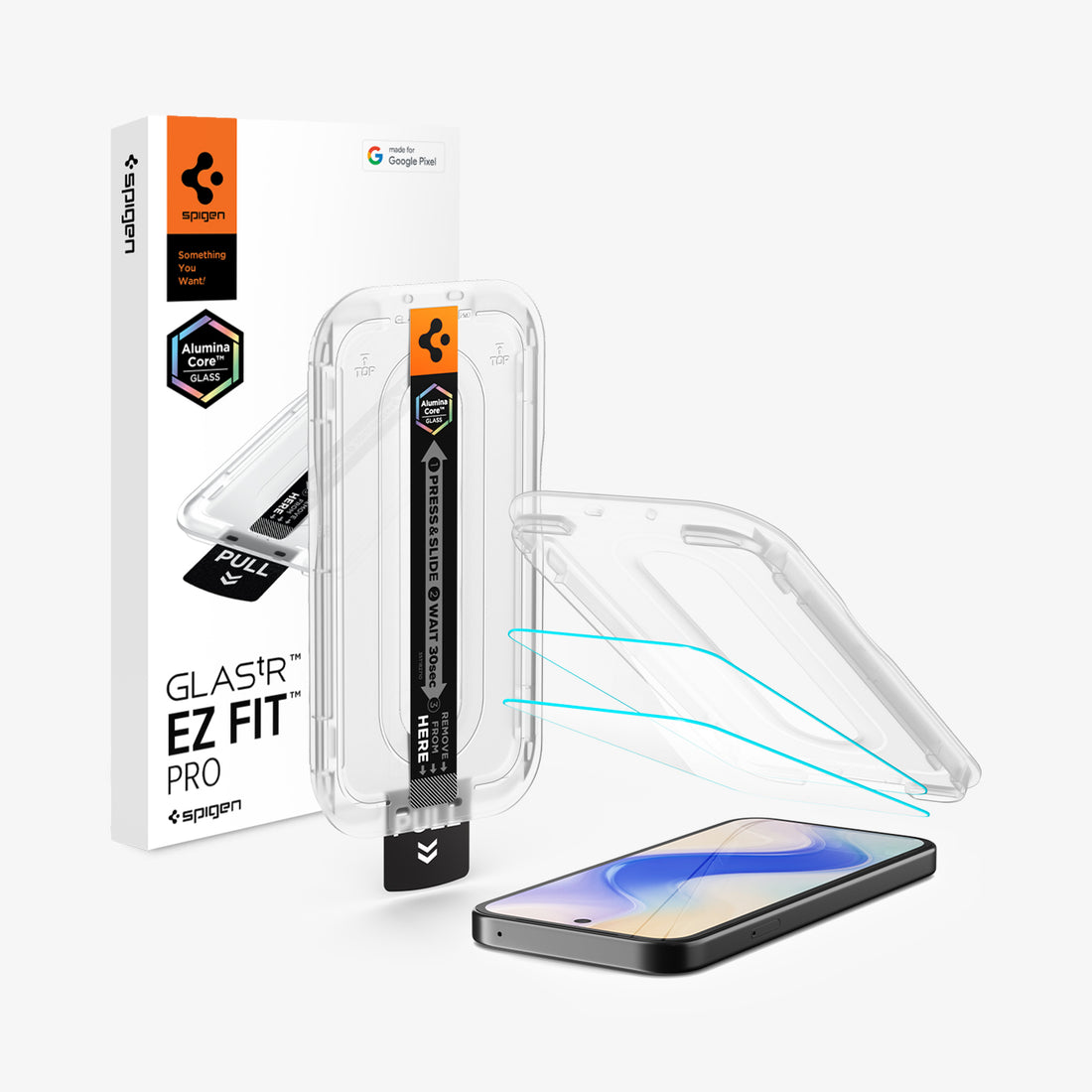 AGL11364 - Pixel 10a GLAS.tR EZ Fit Pro showing the device, screen protector, ez fit tray