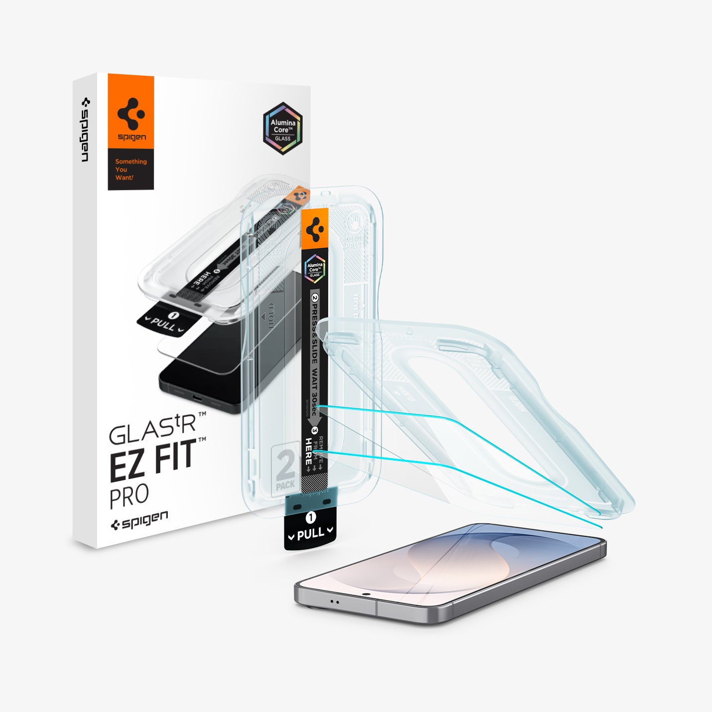 AGL11810 - Galaxy S26 FE GLAS.tR EZ Fit Pro showing GLAS.tR EZ Fit Pro screen protector, installation tray, smartphone, and product packaging