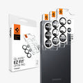 AGL11071 - Galaxy S26 Ultra Optik EZ Fit Lens Pro Protector showing the 2 lens protector hovering in front of the device with the packaging behind it