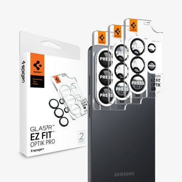 AGL11071 - Galaxy S26 Ultra Optik EZ Fit Lens Pro Protector showing the 2 lens protector hovering in front of the device with the packaging behind it