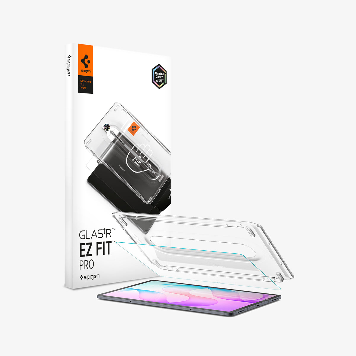 AGL11954 - Galaxy Tab S12+ Glas.tR EZ Fit Pro showing GLAS.tR EZ Fit Pro screen protector, installation tray, tablet, and product packaging.