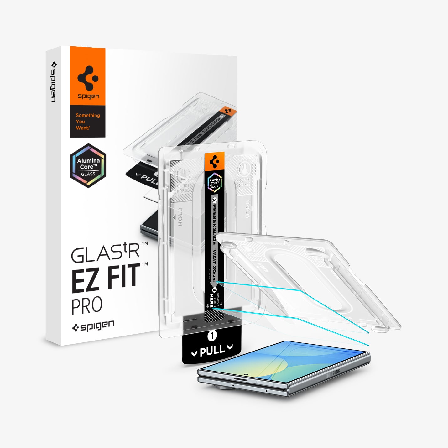 AGL11759 - Galaxy Z Fold 8 GLAS.tR EZ Fit Pro showing the GLAS.tR EZ Fit Pro retail box alongside the exploded installation tray, the Alumina Core tempered glass, and the Galaxy Z Fold 8 with a folded screen displaying a blue and yellow gradient.