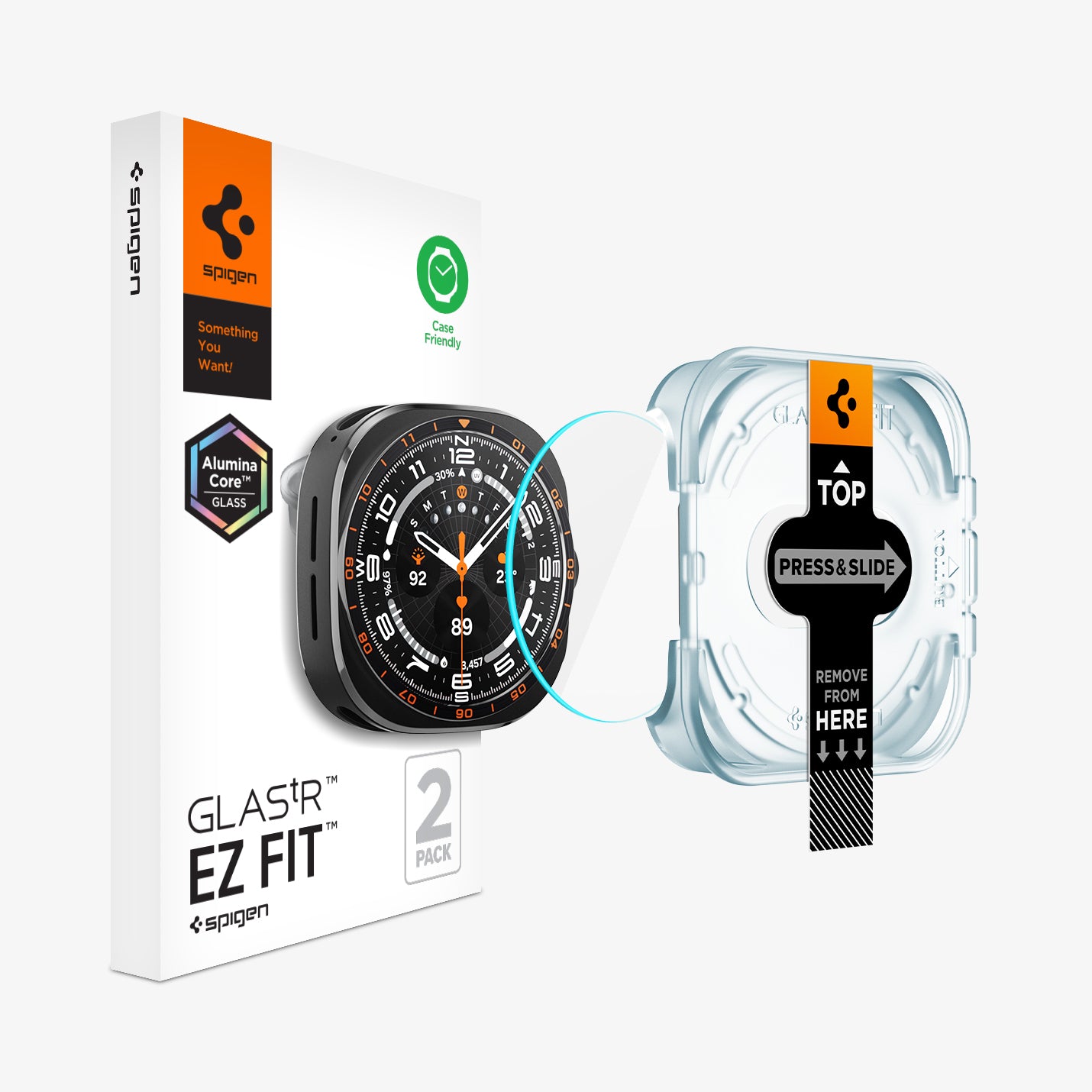 AGL11758 - Galaxy Watch Ultra Series - GLAS.tR EZ Fit showing the GLAS.tR EZ Fit 2-pack retail box alongside the Galaxy Watch Ultra, the tempered glass, and the EZ Fit installation tray.